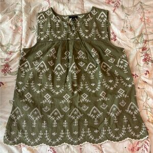 Talbots Olive Sleeveless Embroidered blouse w/tie neck